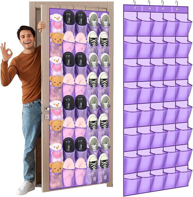 Windyun 40 Large over the Door Hanging Shoe Organizer Purple Mesh Pockets Shoe Rack for Closet Behind Door Hanger Storage Holder Nonslip for Cruise Essentials, Dorm Room Storage, Utility Room