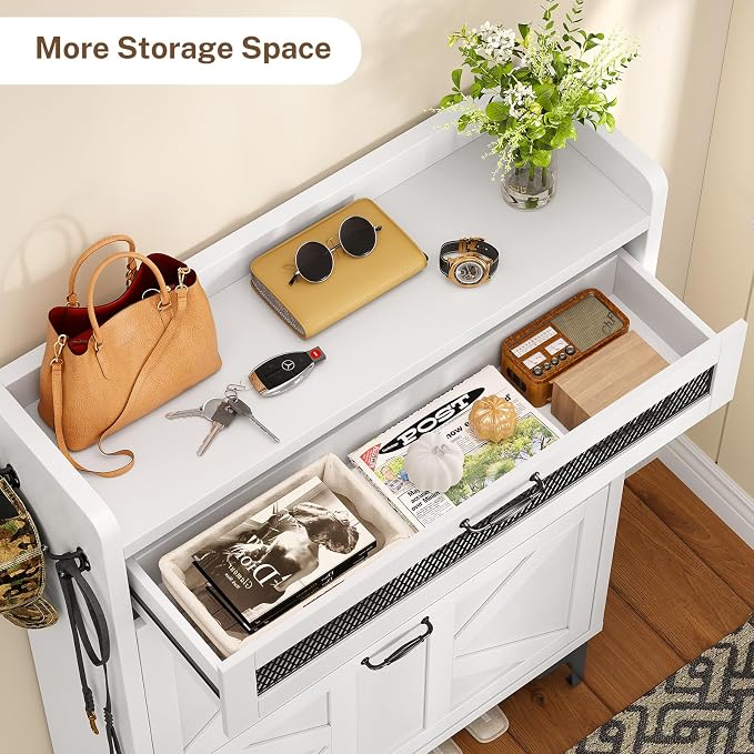 Shoe Cabinet with 2 Flip Drawers & Top Drawer, Farmhouse Narrow Shoe Storage Cabinet with Adjustable Shelves & Hooks, Freestanding Hidden Slim Shoe Rack Cabinet for Entryway, Hallway, White