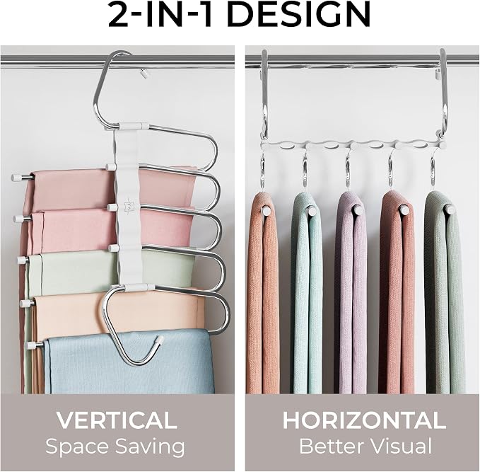 MORALVE Pants Hangers Space Saving - 4 Pack - Non-Slip Multi-Layer Space Saving Hangers - Multifunctional Clothing Rack for Closet Storage - Ideal for Jeans, Trousers, Skirts, Scarves & Slacks (White)