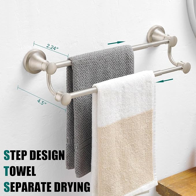 Hoimpro Double Towel Bar Towel Rack for Bathroom Wall Mount Brushed Nickel | Adjustable 16-26 In,Wall Mounted Towel Holder, Stainless Steel, Rustproof, Towel Bar Rod Hanger Hardware Accessories Hotel
