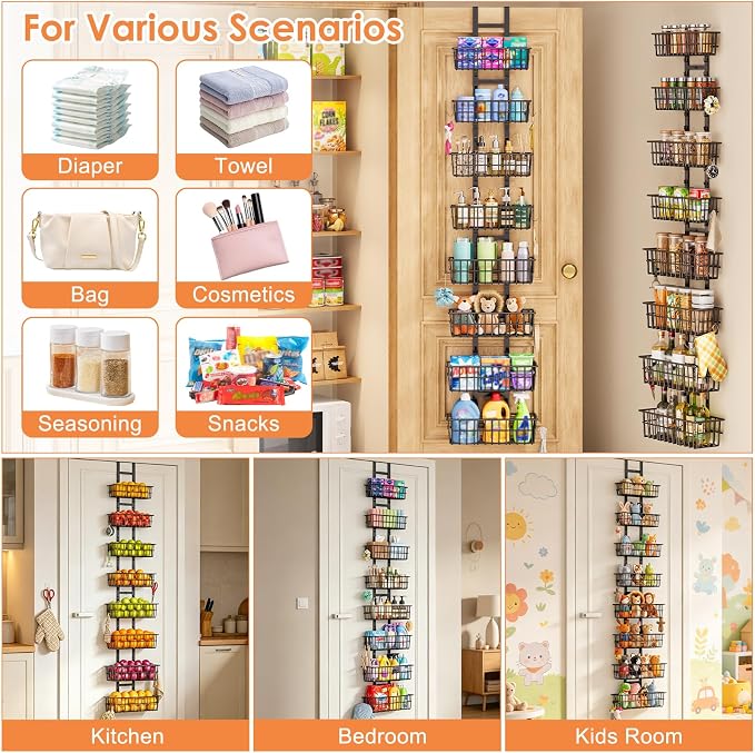 Hongtamoya 8 Tier Over The Door Organizer, Adjustable Hanging Door Organizer with 8 Wire Baskets 6 Hooks, Behind The Door Storage for Pantry Closet Bedroom Bathroom Cabinet Kitchen Laundry Room, Black