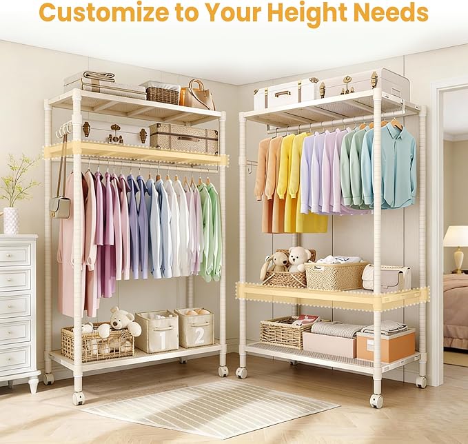 3 Tier Clothes Rack with Wheels and Adjustable Shelves & Hanging Rod Heavy Duty Garment Rack Wardrobe Closet for Hanging Clothes 45.28L*17.72W*70.24H Gray