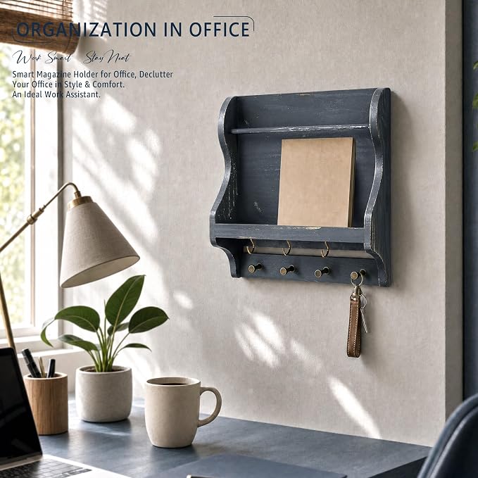 Pine Wood Mail Organizer Wall Mount with 7 Key Hooks Entryway, Royal Blue | Mail Holder for Wall, Key Hanger for Sunglasses and Wallets, Magazine Holder for Bill Storage, Apartment Rustic Aesthetic