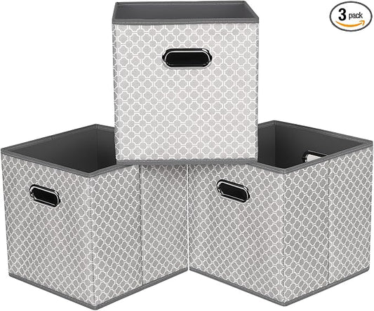 Black Foldable Storage Cubes Bins, Fabric Storage Box Cubes Organizer Baskets with Dual Handles for Home Organizer,Set of 3,(Grey Light)