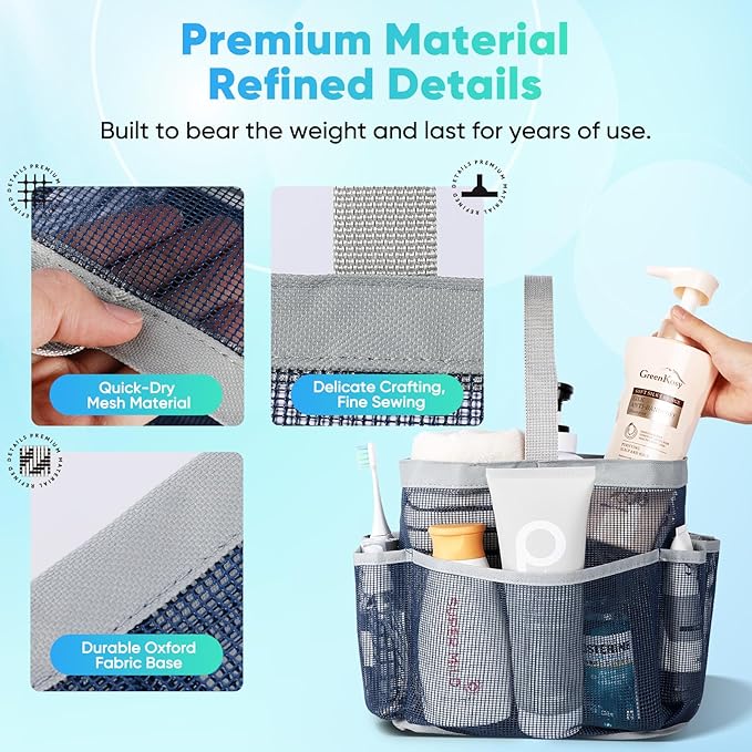 EUDELE Mesh Shower Caddy Portable for College Dorm Room Essentials,Portable Shower Caddy Dorm with 9-Pocket Large Capacity, Shower Bag for Beach, Swimming, Gym, Travel essentials, Navy Blue-Grey