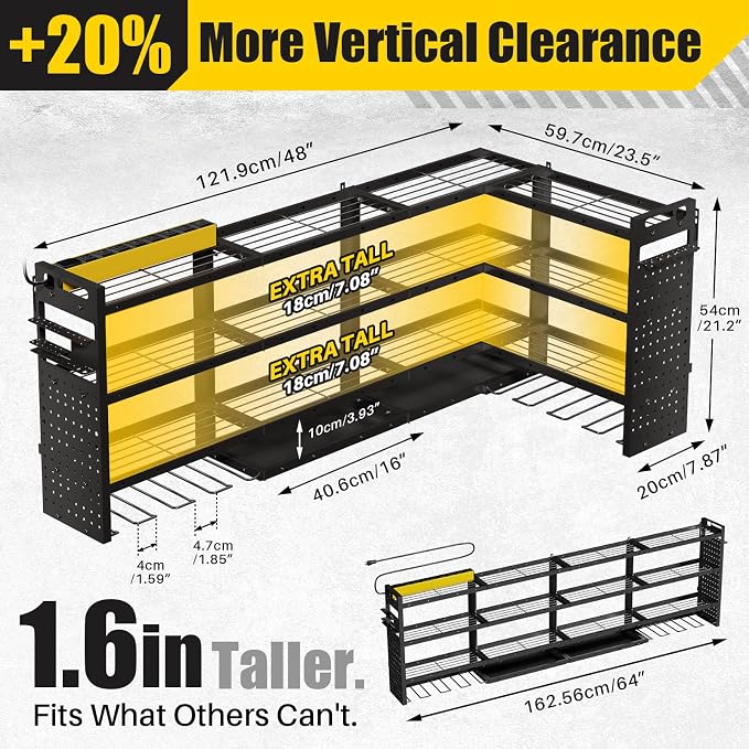XLarge 64''W Power Tool Organizer Wall Mount | 8-Outlet TR Charging Station | Modular&Corner-Fit 820lbs Garage Storage Rack with 8 Cordless Drill Holder | Shelf for Workshop Organization