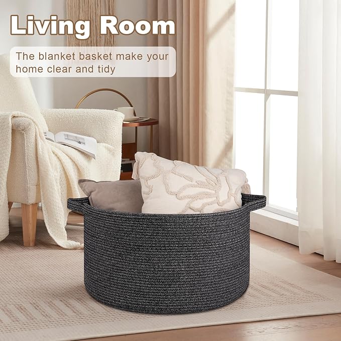 OIASKET Large Woven Baskets for Storage, 22.8" x 22.8" x 13" Blanket Storage Living Room, Baby Toy Basket for Clothes, Pillows, Towels, Shoe Basket for Entryway (Black)