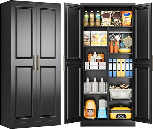 SISESOL 71" Tall Storage Cabinet with 9 Shelves and Hanging Rod,Kitchen Pantry Cabinet with 2 Door,Black Metal Storage Cabinets,Large Cupboard for Home,Kitchen,Laundry,Bathroom