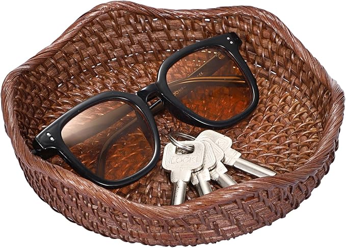 Hipiwe Round Key Bowl Tray Basket For Entryway Table Small Rattan Basket | Decorative Fruite Basket Serving Trays Wicker Storage Basket for Kitchen Coffee Table Livingroom, Brown