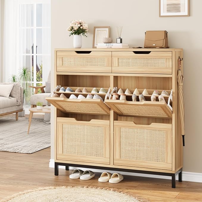 Jocoevol Rattan Shoe Cabinet for Entryway, Boho Shoe Storage Cabinet with 4 Flip Drawers and 2 Drawers, Narrow Freestanding Shoe Rack with Metal Legs for Entryway/Hallway/Foyer (Natural)