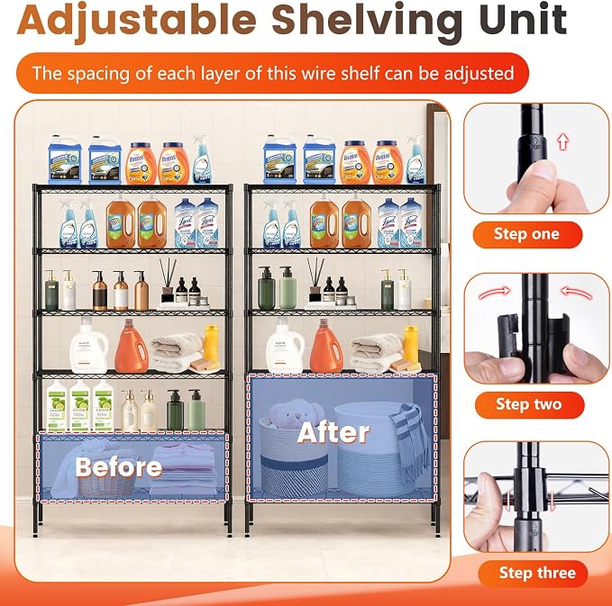BestOffice | 6-Tier Wire Shelf with Wheels | 45" x 18" x 82" | Black | Storage Shelves with Adjustable Racks, Holds upto 2100 lbs | Rust-Resistant, No-Tool Assembly | For Home, Garage
