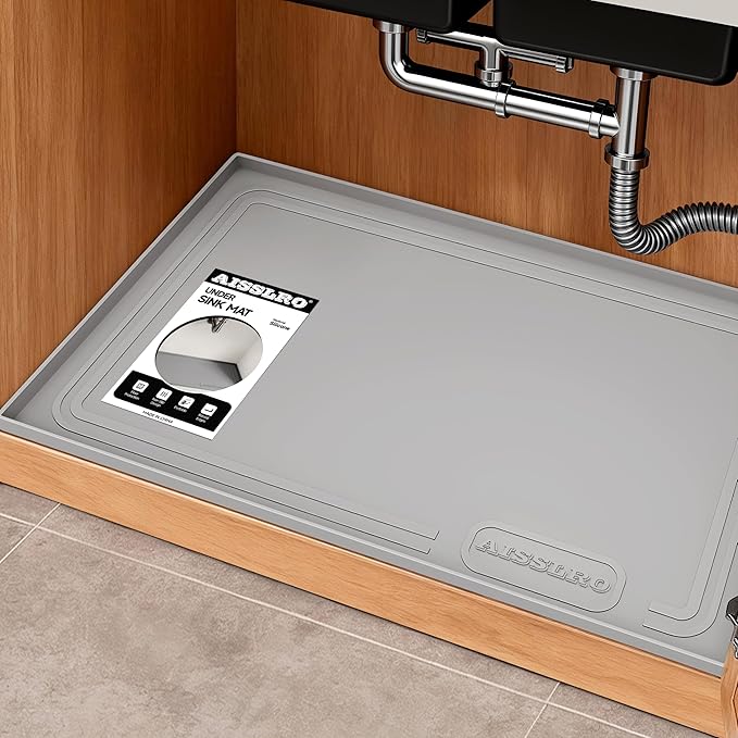 Under Sink Mat 31" X 22", Waterproof Silicone Cabinet Kitchen Liner, Gray | BPA-Free Raised-Edge Cabinet Protector & Leak Tray for Bathroom Cabinets, Boots, Pet Feeding Dog & Cat Mats, Dishwasher Safe