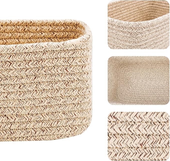MiniArk Small Storage Baskets for Organizing | Closet Organizer Bins | Shelf Toy Basket | Woven Rope Baskets | Cube Decorative Box | Shallow Basket | L11.5xW7.5xH4.7| Brown