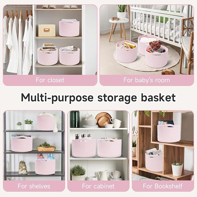 3 Pack Small Rope Storage Baskets, 9.82×9.82×7.1", Pink | Cotton Basket for Gifts Empty, Cute Round Woven Basket, Decorative Shelf Basket Organizer, Organizing Basket for Shelves
