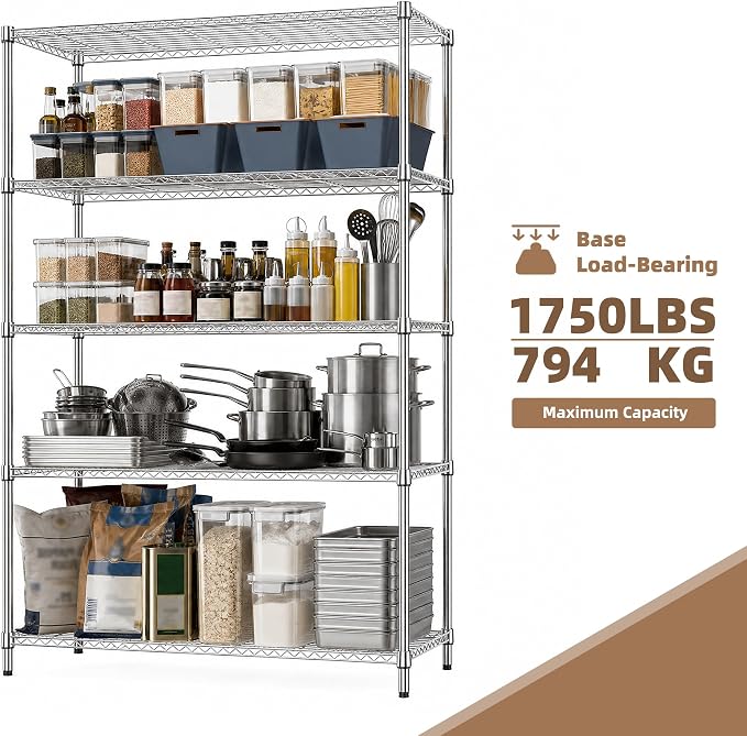 M MZG 5-Shelf Heavy Duty Garage Shelving Wire Adjustable Storage Rack for Kitchen Laundry Bathroom Pantry 1750 lbs Capacity Silver 15.8 x 45.3 x 70.4 Inch