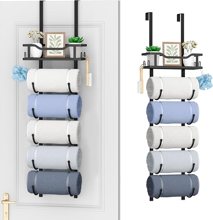 SWTYMIKI Over the Door Towel Rack - 6 Tier Towel Racks for Bathroom Wall Mounted, Towel Holder with Shelf, Hanging Rolled Towel Storage Organizer for Small Bathroom, Camper, RV, Black