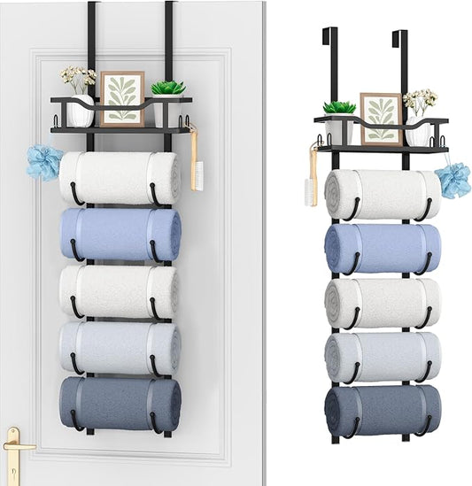 SWTYMIKI Over the Door Towel Rack - 6 Tier Towel Racks for Bathroom Wall Mounted, Towel Holder with Shelf, Hanging Rolled Towel Storage Organizer for Small Bathroom, Camper, RV, Black