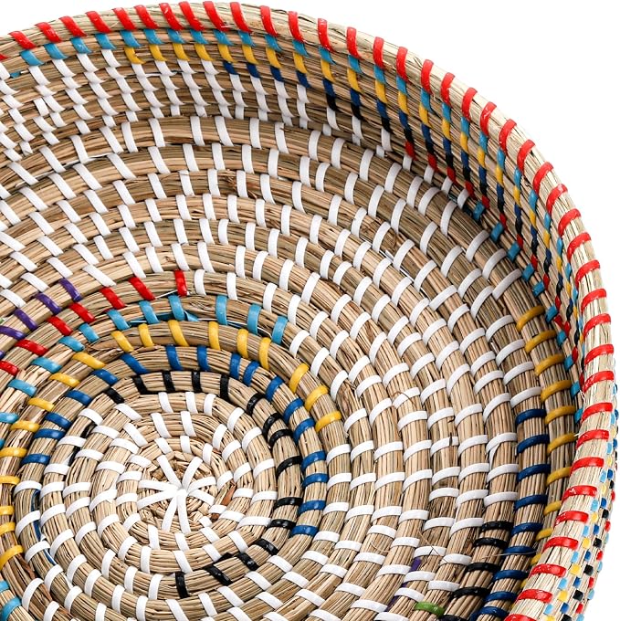 SOUJOY 12'' Woven Seagrass Serving Tray, Rattan Serving Tray, Handmade Round Ottoman Fruit Tray, Colorful Coffee Table Decorative Tray for Bread, Tea, Breakfast, Coffee, Drinks, Snack, Wall Decor