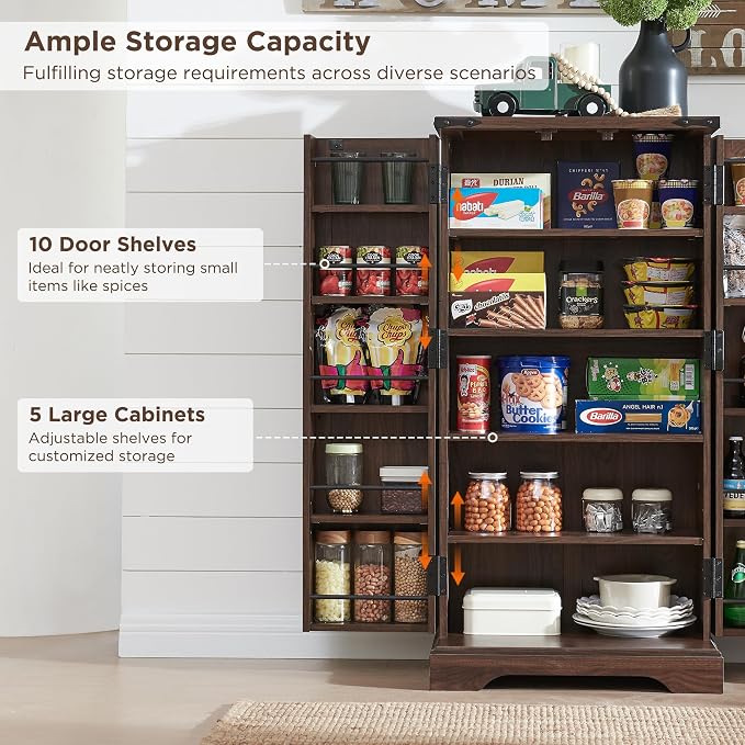47" Tall Wooden Pantry Storage Cabinet with Door Shelves | Farmhouse, Barn Doors, Adjustable Shelves, Freestanding, Anti-tip Kit, for Kitchen, Dining Room, Living Room