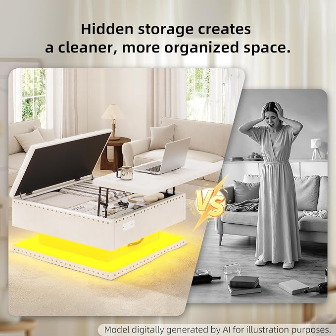Large Square Ottoman with Storage, Square Storage Ottoman Coffee Table | Coffee Table Storage Ottoman Bench with Lift Top and Two Tier Drawers, LED Ottoman Bench with Charging Station,Beige