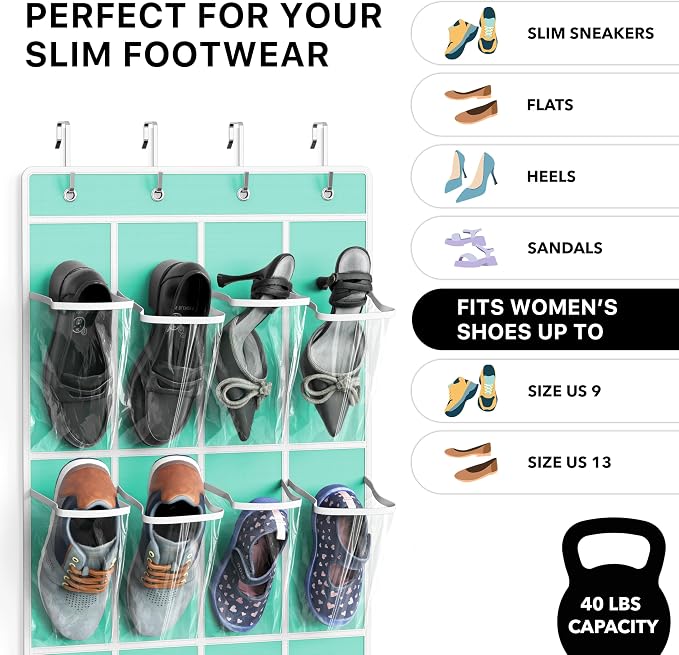 Simple Houseware 24 Pockets Clear Over the Door Shoe Organizer, Turquoise | 64" x 19", 4 Durable Metal Hooks, 4.3" x 9.5" Pocket Size, Multipurpose