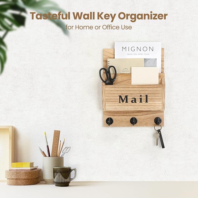 Mail and Key Holder, Wall Key Holder with 2 Mail Organizer Slot and 3 Hooks | Decorative 8.86" x 11.42" Mail Holder, Real Paulownia Wood with Keyhole Brackets, Hardware and Instructions
