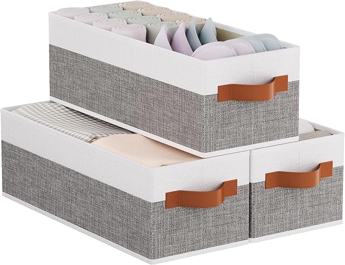 Storage Baskets Containers,White/Gray Boxes,15x6x5 In,3-Pack | Sturdy Fabric Storage Bins, Collapsible Cubes Containers for Bathroom Organizing, Decorative Linen Clothes Organizer