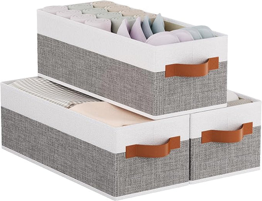 Storage Baskets Containers,White/Gray Boxes,15x6x5 In,3-Pack | Sturdy Fabric Storage Bins, Collapsible Cubes Containers for Bathroom Organizing, Decorative Linen Clothes Organizer