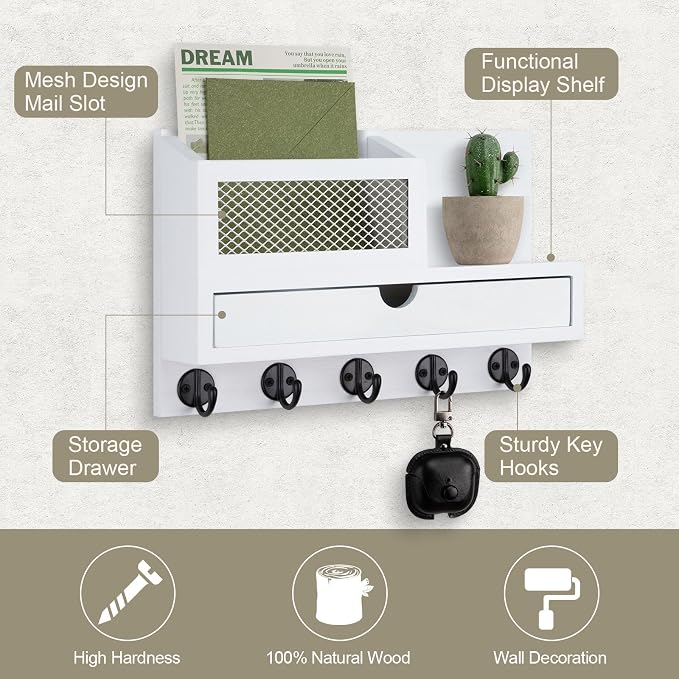 Key Holder Wall Mount, Key Holder for Wall with 5 Key Hooks and Storage Drawer Mail Organizer for Entryway Living Room Farmhouse Home Decor
