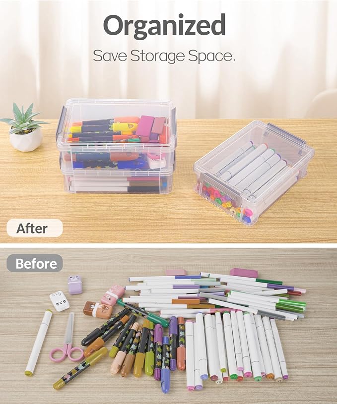 Sooez 6 Pack Extra Large Pencil Box, Plastic Pencil Case Crayon Box | Clear Marker Organizer Plastic Containers with Lid, Stackable Storage Boxes for Art Craft,Back to School Supplies, Purple