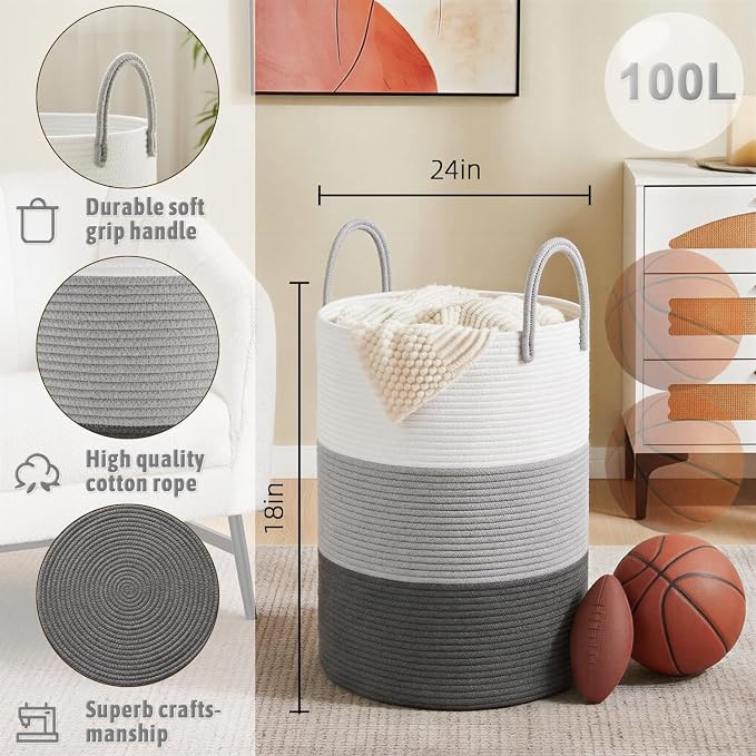 Artfeel Laundry Basket,Woven Cotton Rope Laundry Hamper,100L for Decorative Storage of Dirty Clothes,Toys and Blankets in Bathroom,Bedroom and Living Room