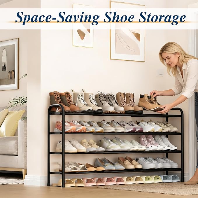 ENJOYBASICS 4 Tier Expandable Shoe Rack for Closet, Small Metal Shoe Organizer, 24 Pairs, Black