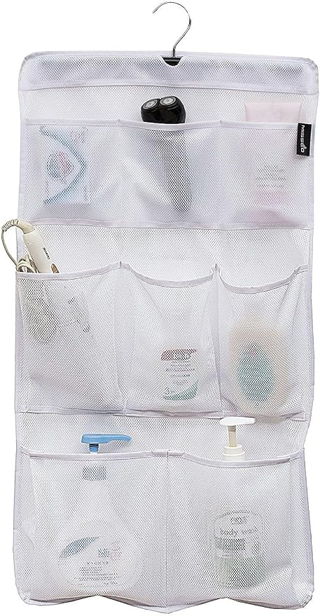 MISSLO 8 Pockets Mesh Shower Organizer Hanging Caddy with Rotating Hanger Quick Dry Bathroom Storage (White)