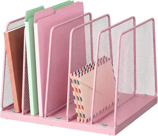 LEKETREE Small Desk File Organizer, 5-Section Upright File Sorter, Vertical File Folder Holder, Mesh Metal Wood Office Desktop Organization for Document, Magazine, Books and more (Pink)