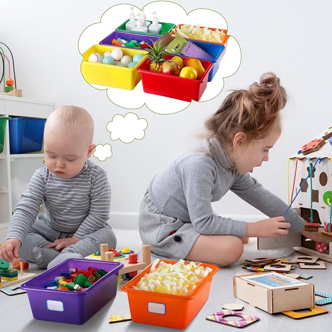 24 Pack Classroom Cubby Storage Bins Plastic Stackable Storage Bins with Labels Cubby Organizer Containers for Classroom School Toy Book Organization(11.5 x 7.5 x 5 Inch,Colorful)