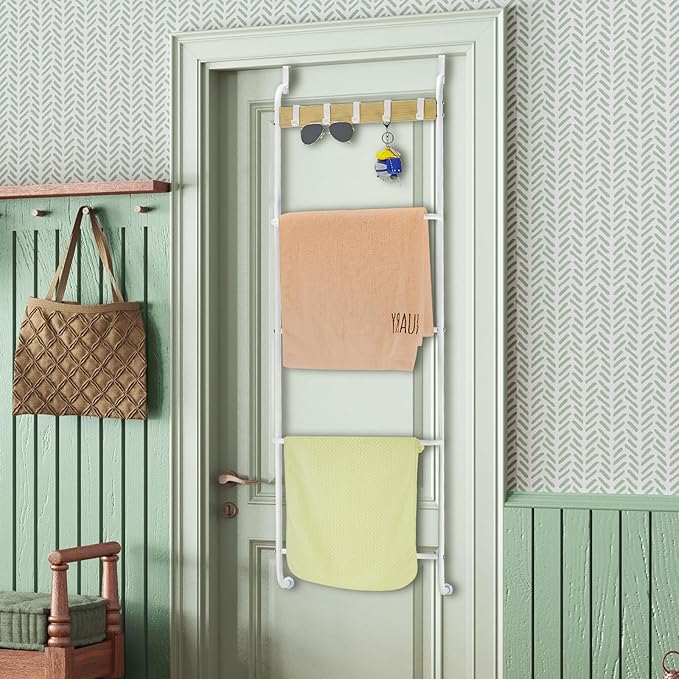 Over the Door Towel Rack for Bathroom 5 Tier Over The Door Towel Bar | Back of Door Towel Rack, Behind Door Towel Holder with Hooks, White Door Rack Hanger, Stable Suction Cup Design