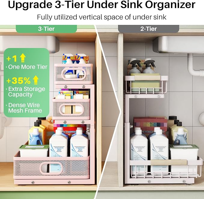 Kitstorack Under Sink Organizer, 1-Pack 3-Tier Height Adjustable Thickened Metal Pull out Cabinet Organizer Shelf, Slide out Storage Drawer Rack for Bathroom Kitchen Pantry Home Organization, Pink