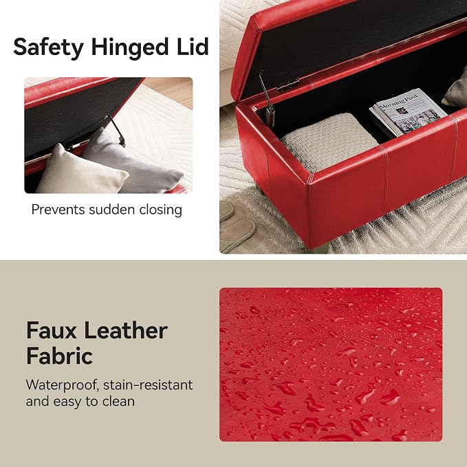 WUTUTUEE 51" Faux Leather Storage Ottoman, Stitch Tufted Rectangle Upholstered End of Bed Storage Bench, Entryway Large Couch Ottoman with Wooden Legs,Red