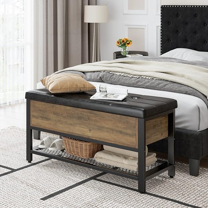 HOSTACK 40" W Storage Bench, Entryway Shoe Bench with Cushion, Rustic Brown | Wood Metal Bench with Flip-Open Hidden Storage, Ottoman Bench with Padded Seat & Shoe Rack for Hallway, Bedroom, Living Room