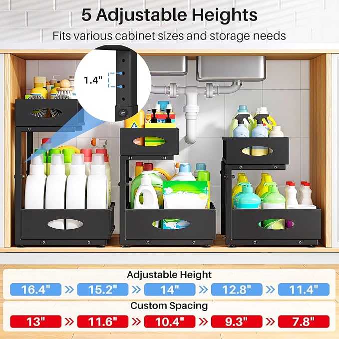 Under Sink Organizer, 2 Pack 2 Tier Pull Out Under Cabinet Organizer Shelf with Pad for Framed Cabinets, Metal Slide Out Under Sink Storage, Mesh Sliding Drawers for Kitchen Bathroom Laundry, Black