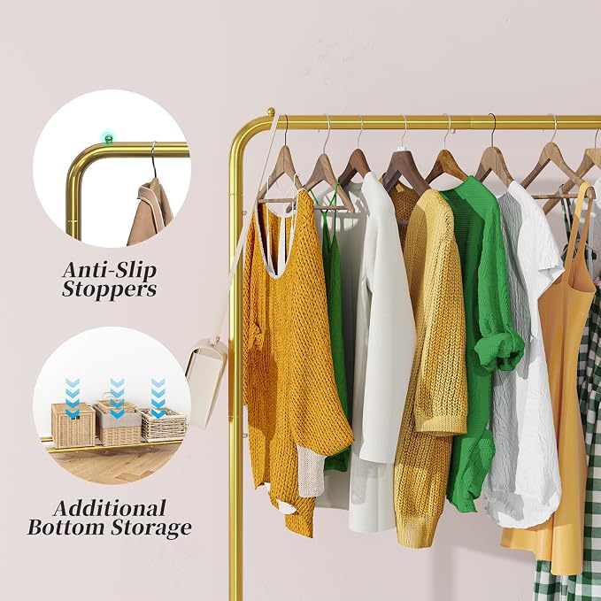 Simple Trending Standard Clothes Clothing Garment Rack with Storage Shelves, Rolling Clothes Organizer on Wheels for Hanging Clothes, Gold