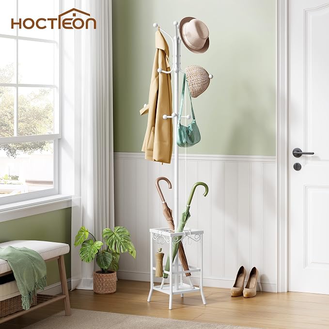 Hoctieon Coat Rack Freestanding, Coat Tree with Umbrella Holder, Metal Coat Rack Stand with 12 Hooks, Standing Coat Hanger Stand, Umbrella Stand for Entryway, Hat Rack Stand for Home Office, White | Metal Coat Rack Stand with 12 Hooks, Standing Coat Ha...
