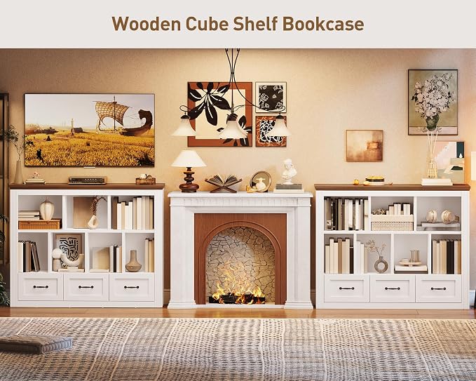 10 Cube Storage Organizer, Wooden Cubby Bookshelf, Cube Shelf Bookcase with 3 Drawers, Farmhouse Short Bookcase, 3 Tiers Floorstanding Open Bookshelf, Display Storage Shelves, White and Walnut