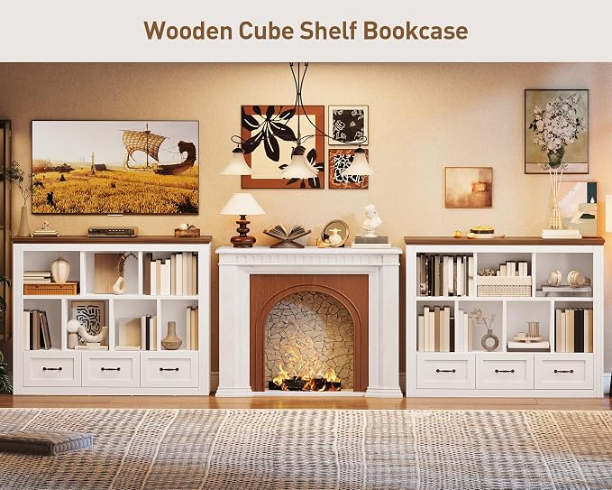 10 Cube Bookshelf Set of 2, Wooden Cubby Storage Organizer, Farmhouse Short Bookcase, Cube Shelf Bookcase with 3 Drawers, 3 Tiers Floorstanding Open Bookshelf, White and Walnut