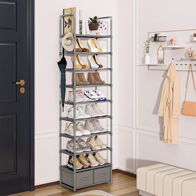 Shoe Rack Sturdy Metal 10 Tier Shoes Rack Organizer + 2Boxes 1Hook | Narrow Space Saving Shoe Storage Shelf for Closets, Tall Shoe Stand for Entryway, Living Room