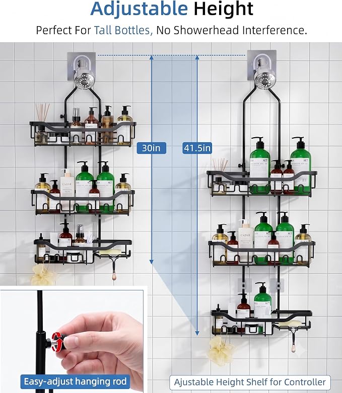 Adjustable Shower Caddy Hanging, Extended Length Organizer Over Shower Head, 3 Tier Long Neck Shower Rack with Soap Holder for Large Storage, Black