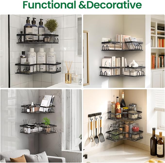 Adhesive Shower Caddy, 2 Pack Corner Bath Organizer, Rustproof Stainless Steel Shower Shelves with Large Capacity, No Drilling Shelves for Bathroom Storage, Home, Kitchen Décor
