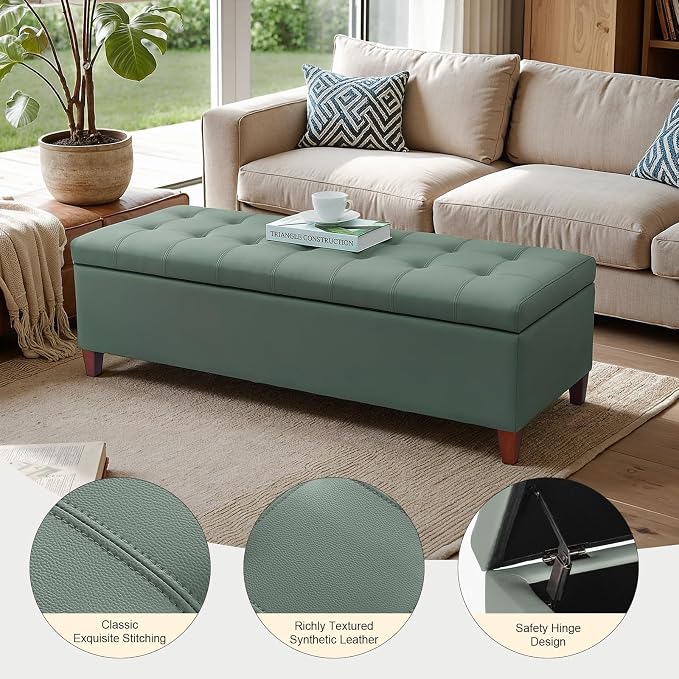 Ottoman with Storage, 51 Inch End of Bed Storage Bench, Faux Leather Upholstered Ottomans with Hinged Lid, Rectangle Long Foot Rest Bench for Entryway Living Room Bedroom Light Green