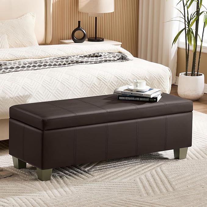WUTUTUEE 51" Faux Leather Storage Ottoman, Stitch Tufted Rectangle Upholstered End of Bed Storage Bench, Entryway Large Couch Ottoman with Wooden Legs,Brown
