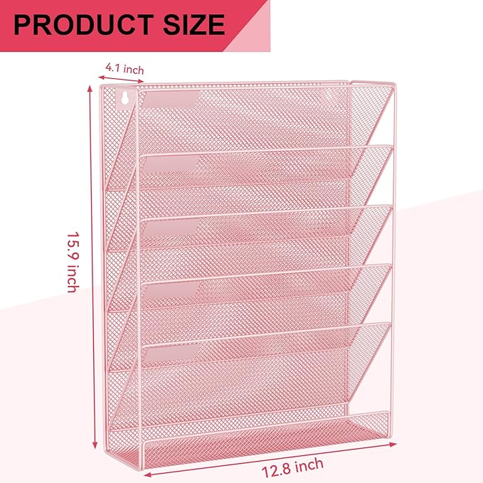 Wall File Organizer Holder Mesh Hanging Paper Document Holder, Vertical 6 Pocket Tier for Office Home, Light Pink
